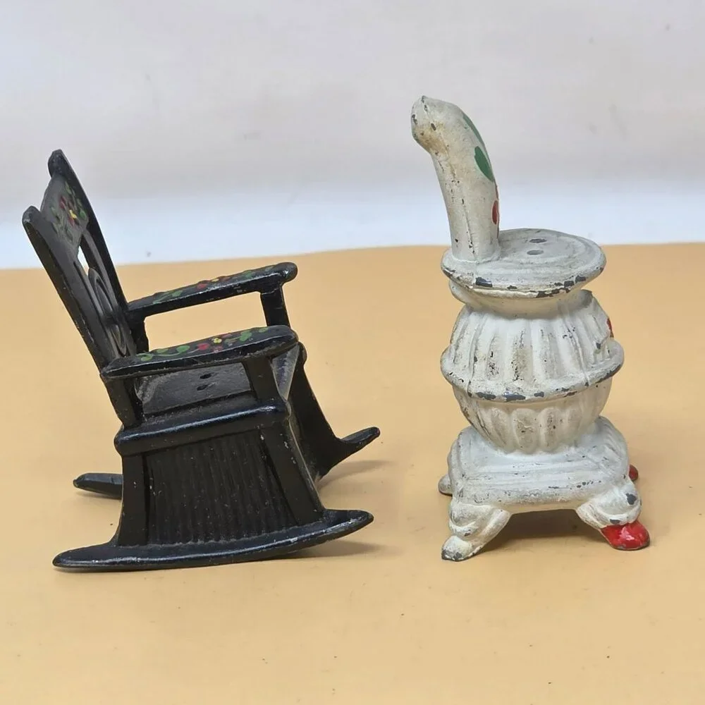 Vintage Cast Iron Miniature Rocking Chair & Stove Set With Floral Accents‎
